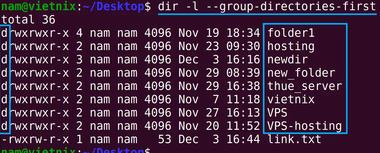 Liệt kê thư mục trước các file với lệnh dir -l --group-directories-first