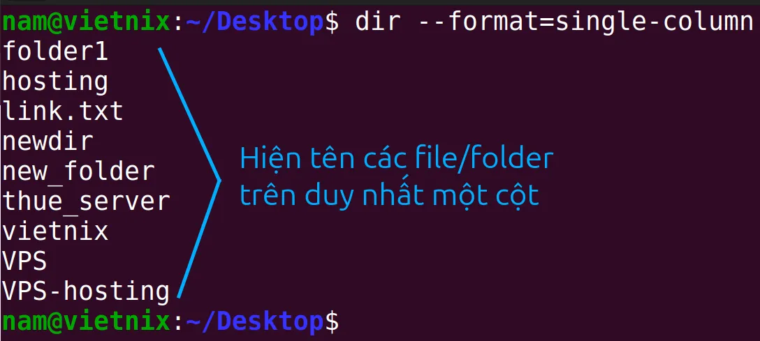Hiển thị danh sách tệp và thư mục theo định dạng một cột với lệnh dir --format=single-column