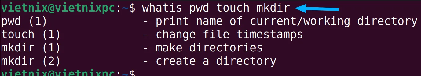 Kết quả lệnh whatis cho các lệnh pwd, touch, và mkdir trong Linux
