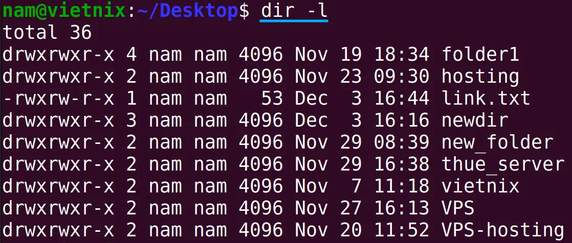 Danh sách tệp và thư mục trên Ubuntu Desktop với lệnh dir -l