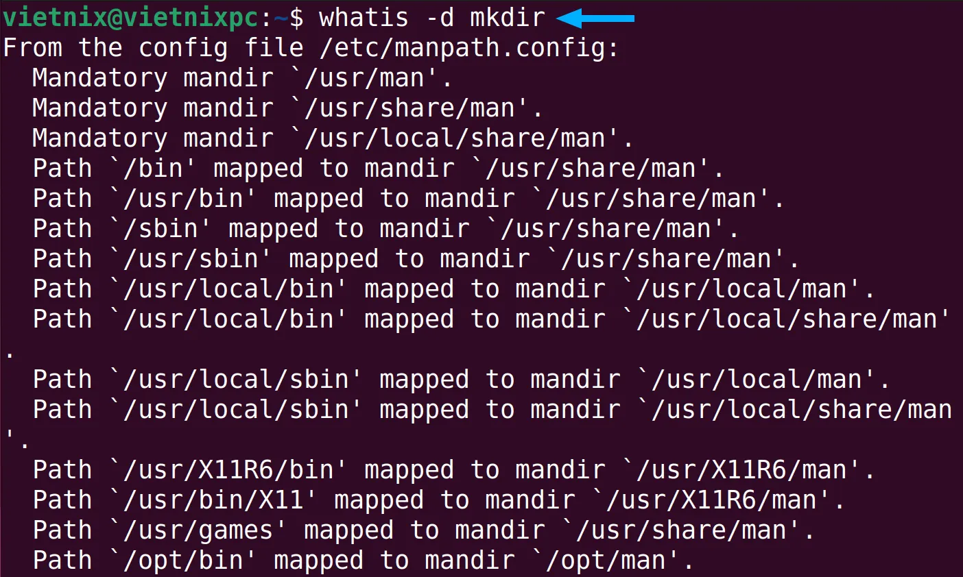 Kết quả lệnh whatis -d cho lệnh mkdir trong Linux