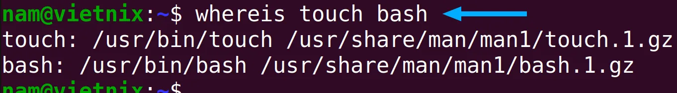 Vị trí file Bin và trang hướng dẫn của lệnh touch và bash