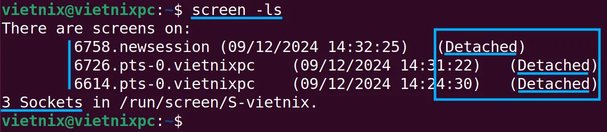 Hiển thị danh sách session đang mở bằng lệnh screen