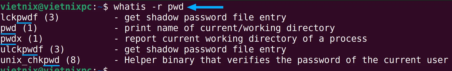 Sử dụng lệnh whatis -r để tìm kiếm từ khóa pwd trong Linux