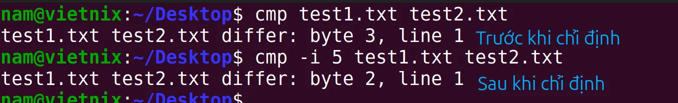 Kết quả so sánh 2 file sau khi đã bỏ qua 5 byte đầu tiên của mỗi file