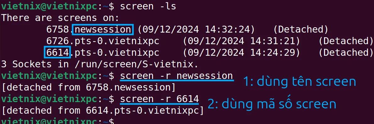 Kết nối lại với session screen