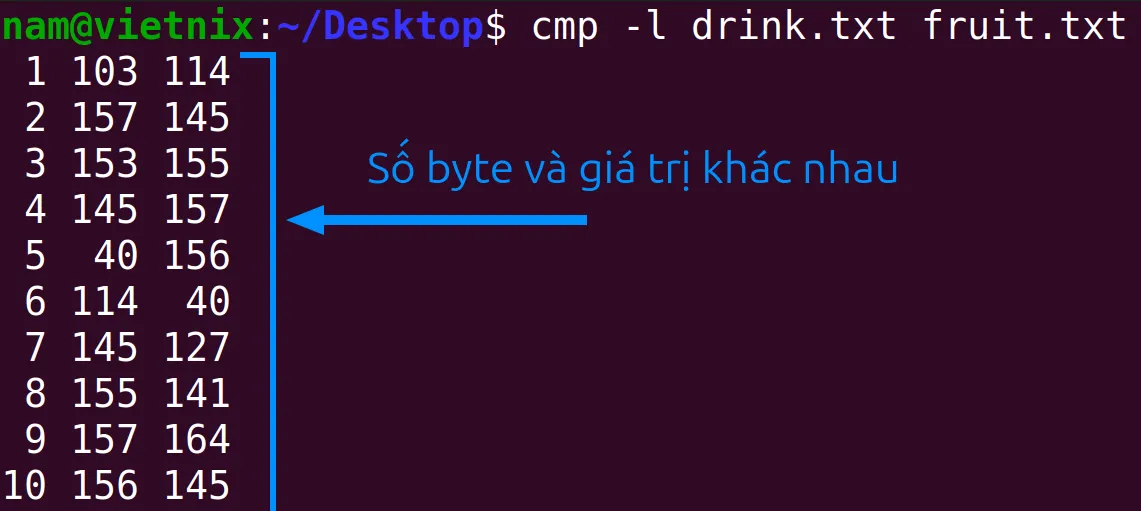 Kết quả hiển thị số byte và giá trị của các byte khác nhau