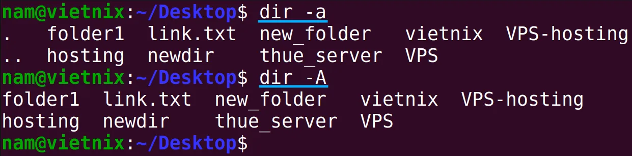 So sánh hiển thị tệp ẩn với lệnh dir -a và dir -A trên Ubuntu