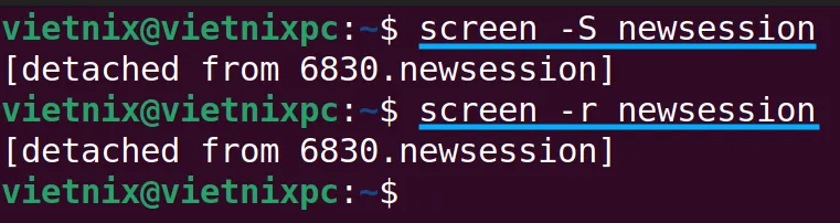 Tạo một session terminal mới và gắn lại sau khi tách nó ra