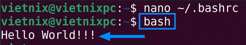 Tìm hiểu lệnh bash trong Linux và 5 ví dụ cách đơn giản hóa các tác vụ của lệnh 13 Màn hình xuất hiện dòng Hello World