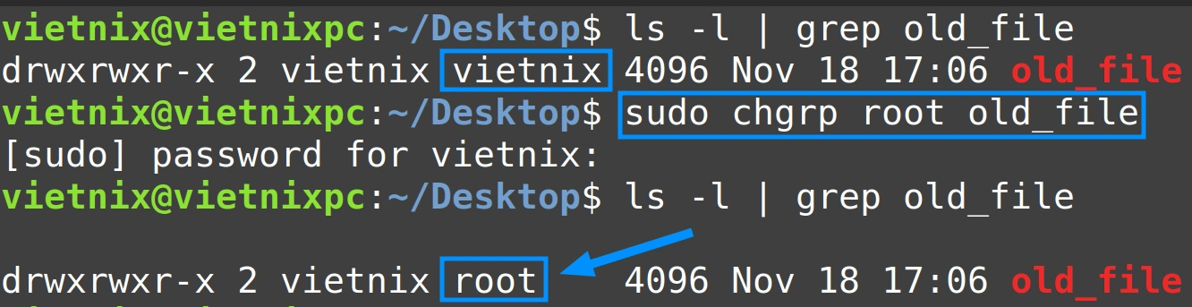 Nhóm sở hữu của thư mục "old_file" đã được thay đổi