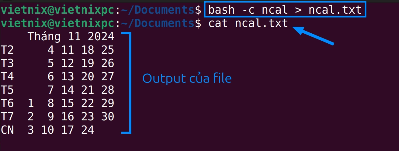 Tìm hiểu lệnh bash trong Linux và 5 ví dụ cách đơn giản hóa các tác vụ của lệnh 17 Kết quả vào một file có tên ncal.txt