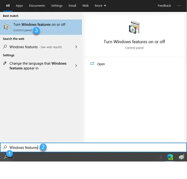Nhập Windows features rồi chọn Turn Windows features on or off