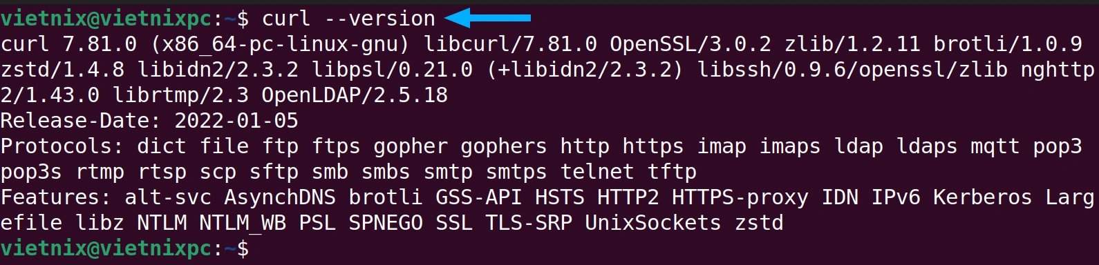Hướng dẫn sửa lỗi Bash: Curl: command not found trên hệ thống Linux chi tiết, dễ hiểu 17 Terminal sẽ hiển thị phiên bản curl hiện đang được cài đặt trên hệ thống