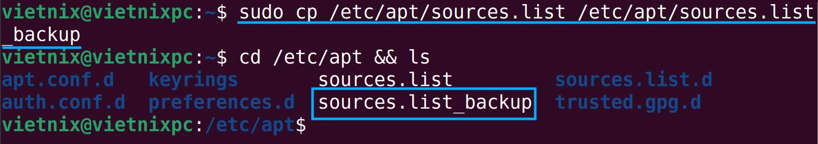 Thực hiện lệnh để backup nội dung của file sources.list