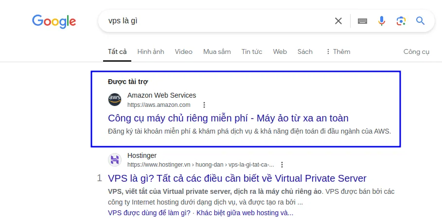 Website của Amazon trả tiền cho Google để đứng đầu keyword VPS