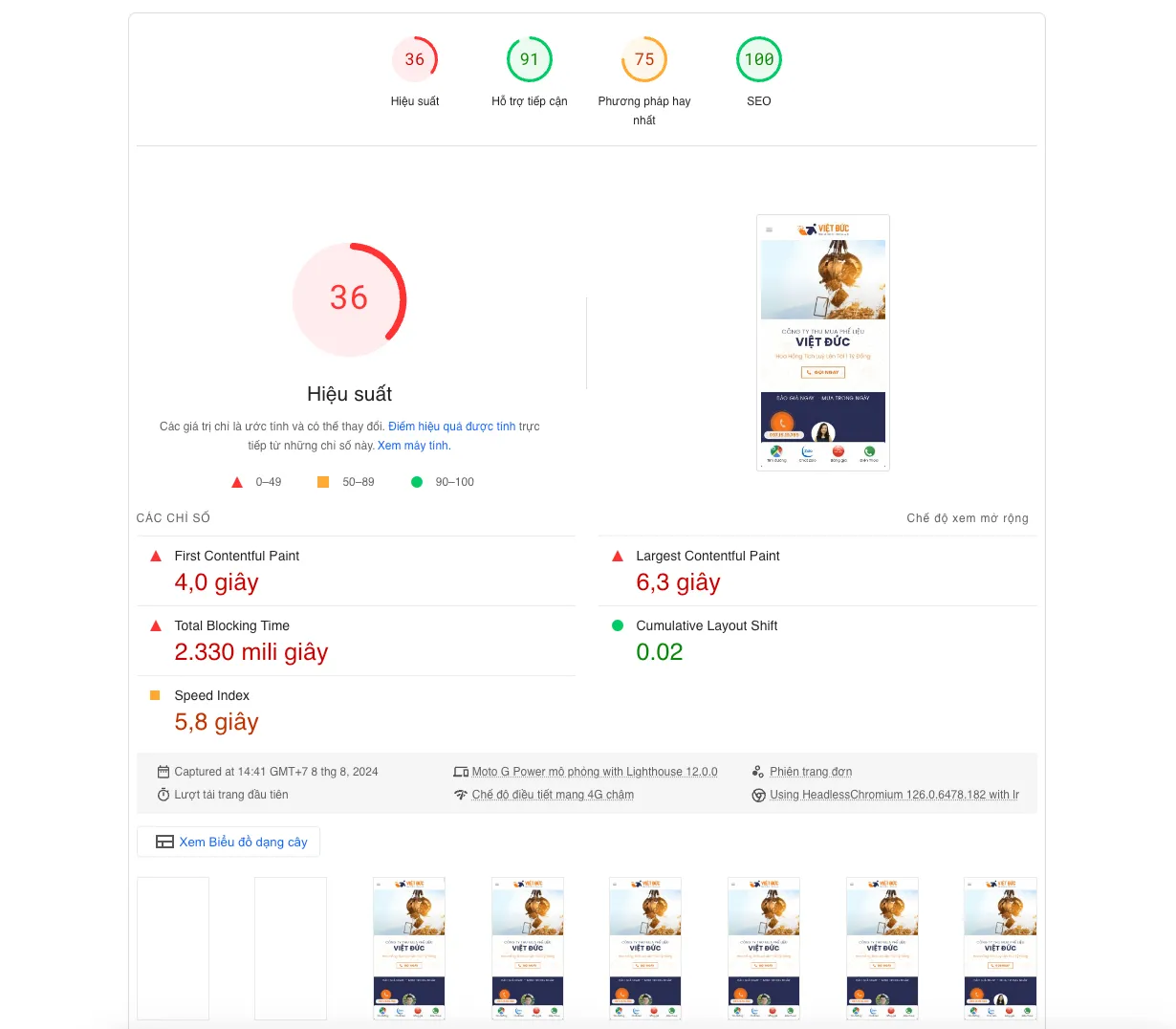 Đo điểm Google Pagespeed Insights trên mobile