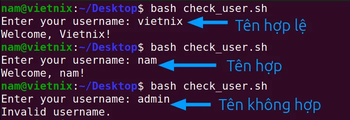 Chương trình sẽ in ra thông báo Invalid username