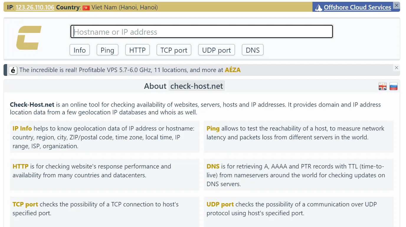Kiểm tra địa chỉ hosting/server thuộc nước nào bằng check-host.net