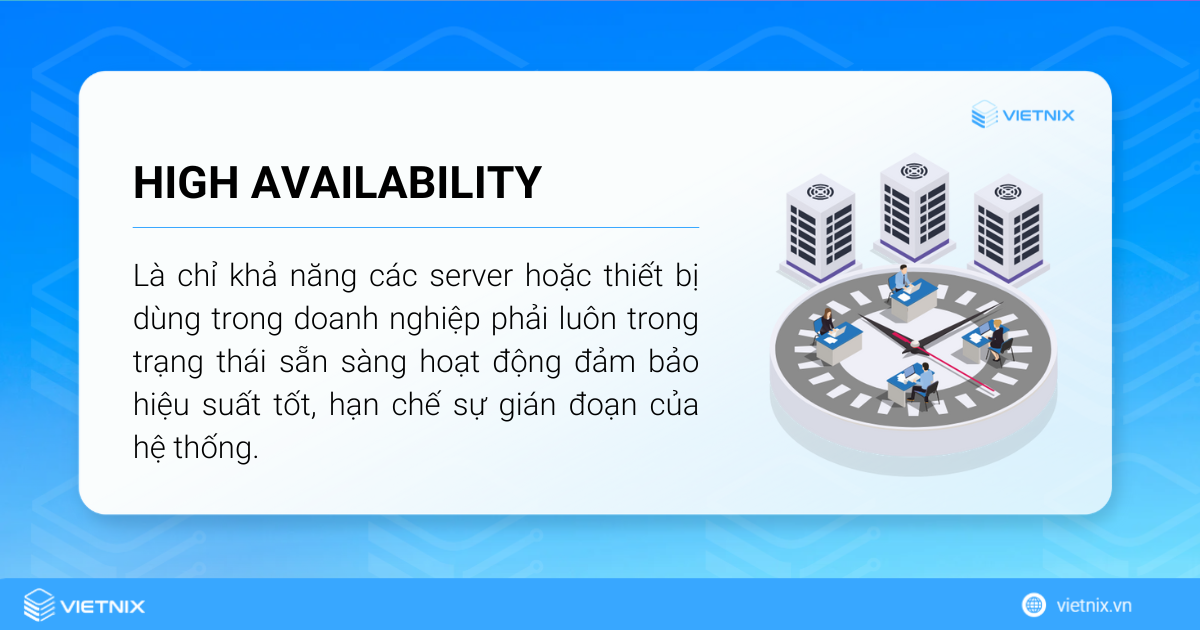 High Availability chỉ khả năng các server luôn trong trạng thái sẵn sàng hoạt động