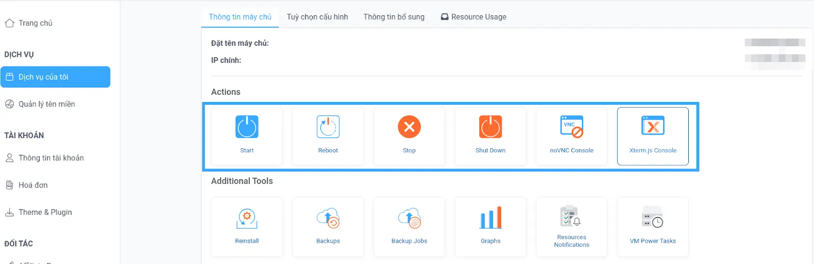 Bảng quản trị VPS Vietnix