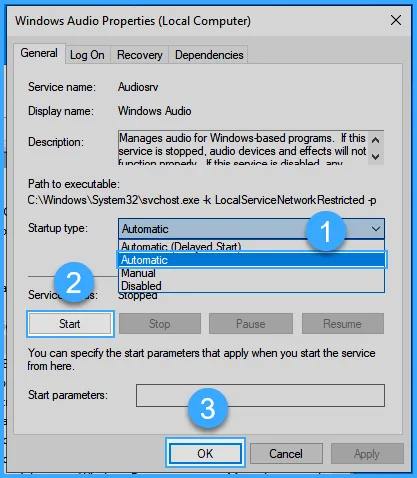 Khởi động dịch vụ Windows Audio để bật âm thanh trên VPS Windows
