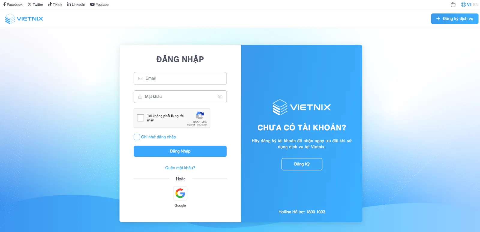 Đăng nhập vào portal để tiến hành nâng cấp gói hosting tại Vietnix
