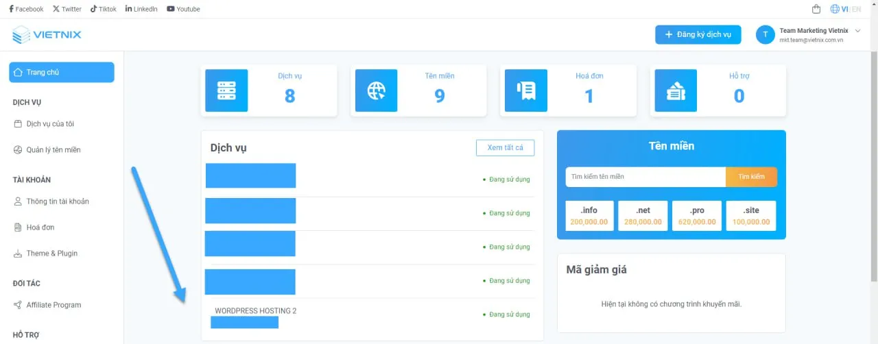 Chọn gói hosting cần nâng cấp từ giao diện chính