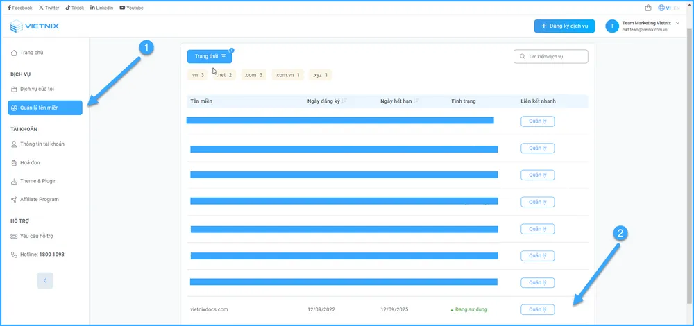 Chọn tên miền muốn trỏ về Email Doanh Nghiệp