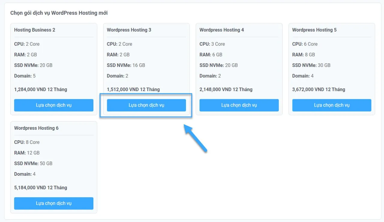 Chọn gói hosting muốn nâng cấp lên