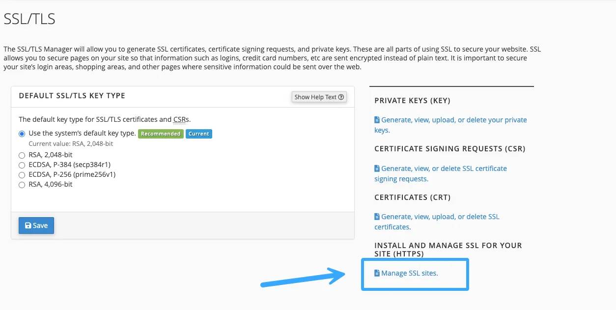 Nhấn Manage SSL Sites để bắt đầu cài SSL trên hosting cPanel