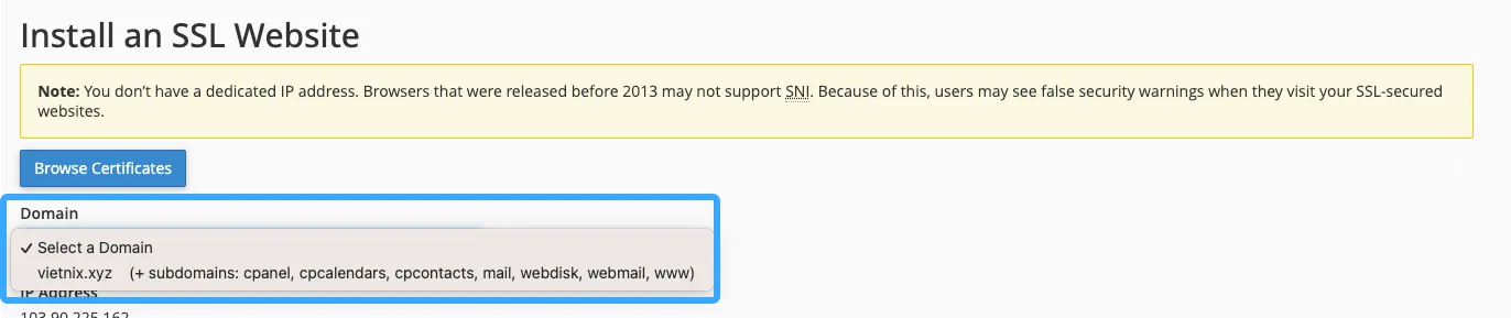 Chọn tên miền cần cài SSL trên hosting cPanel