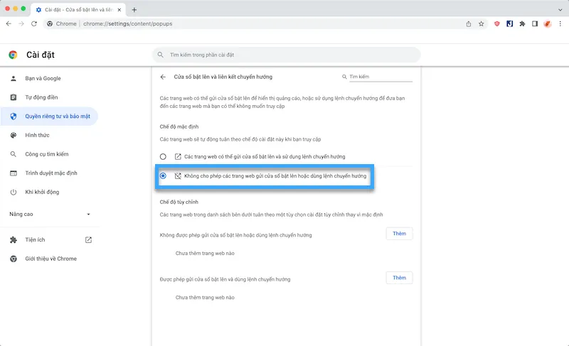 Bật tùy chọn Không cho phép các trang web gửi cửa sổ bật lên hoặc sử dụng lệnh chuyển hướng