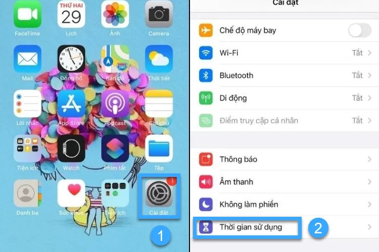 Tìm và nhấn vào mục Thời gian sử dụng