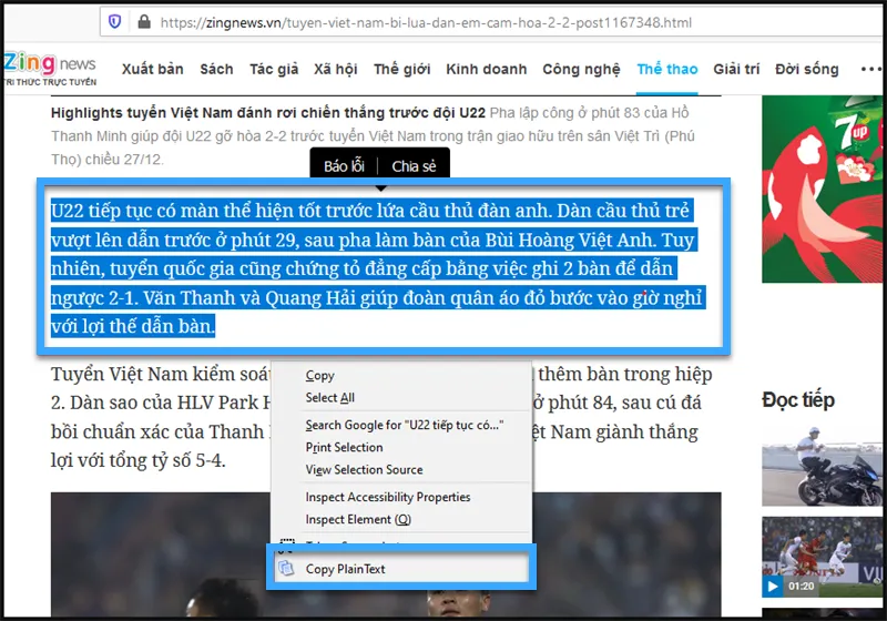 Chọn Copy Plain Text