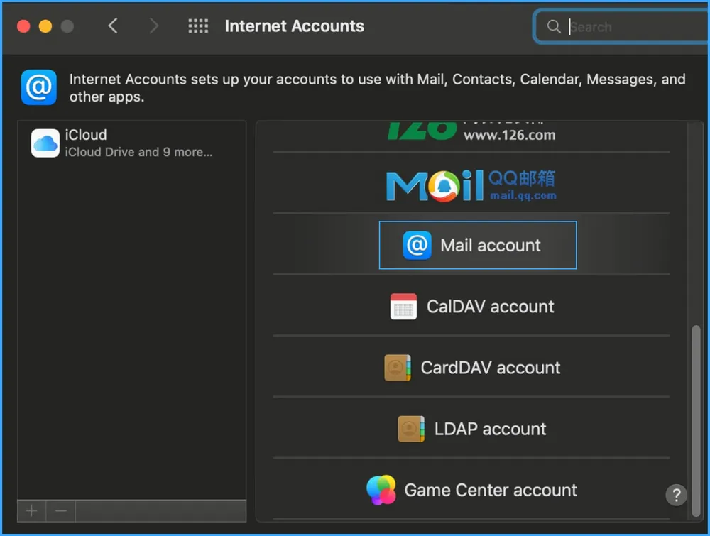 Chọn Mail account