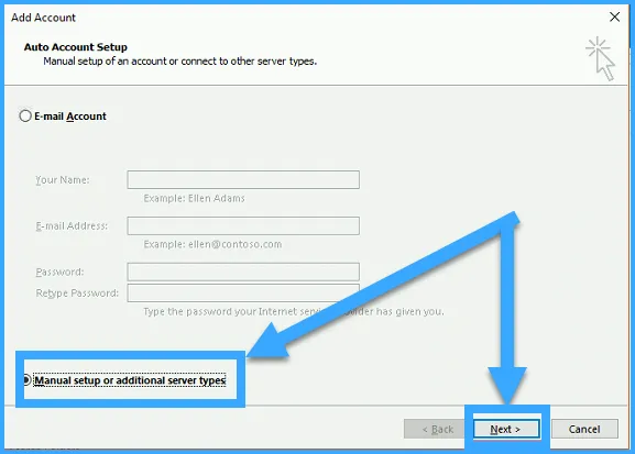 Bạn bấm vào tùy chọn Manual setup or additional server types và chọn Next