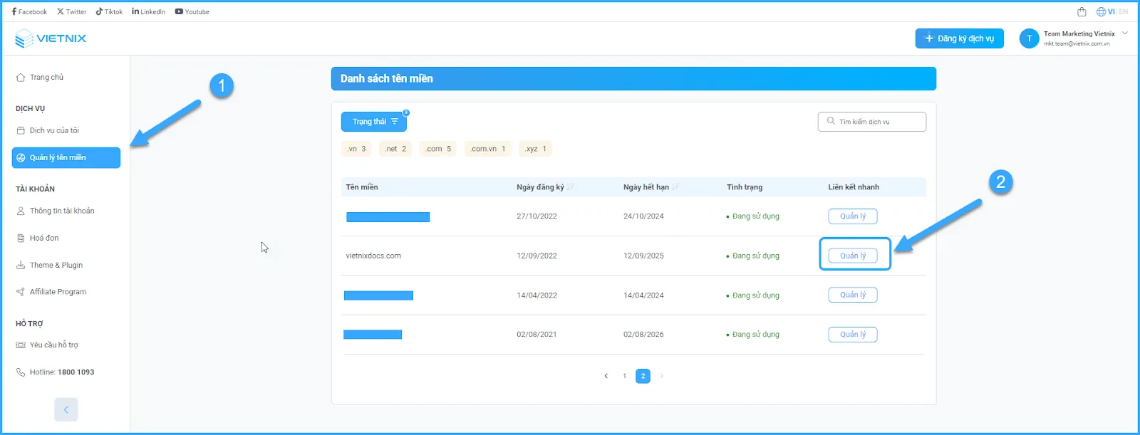 Bạn chọn mục Quản lý tên miền và click vào nút Quản lý tại tên miền muốn trỏ về hosting