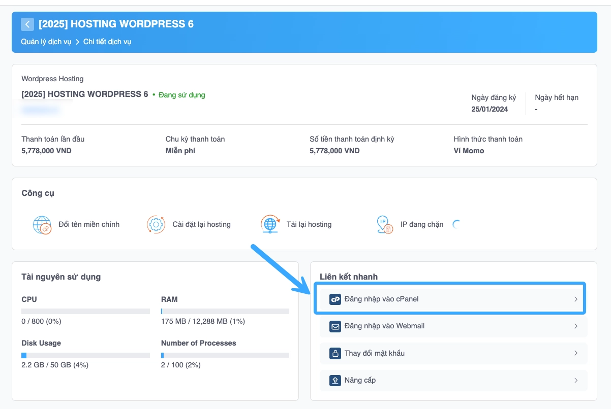 Đăng nhập cPanel từ Portal Vietnix