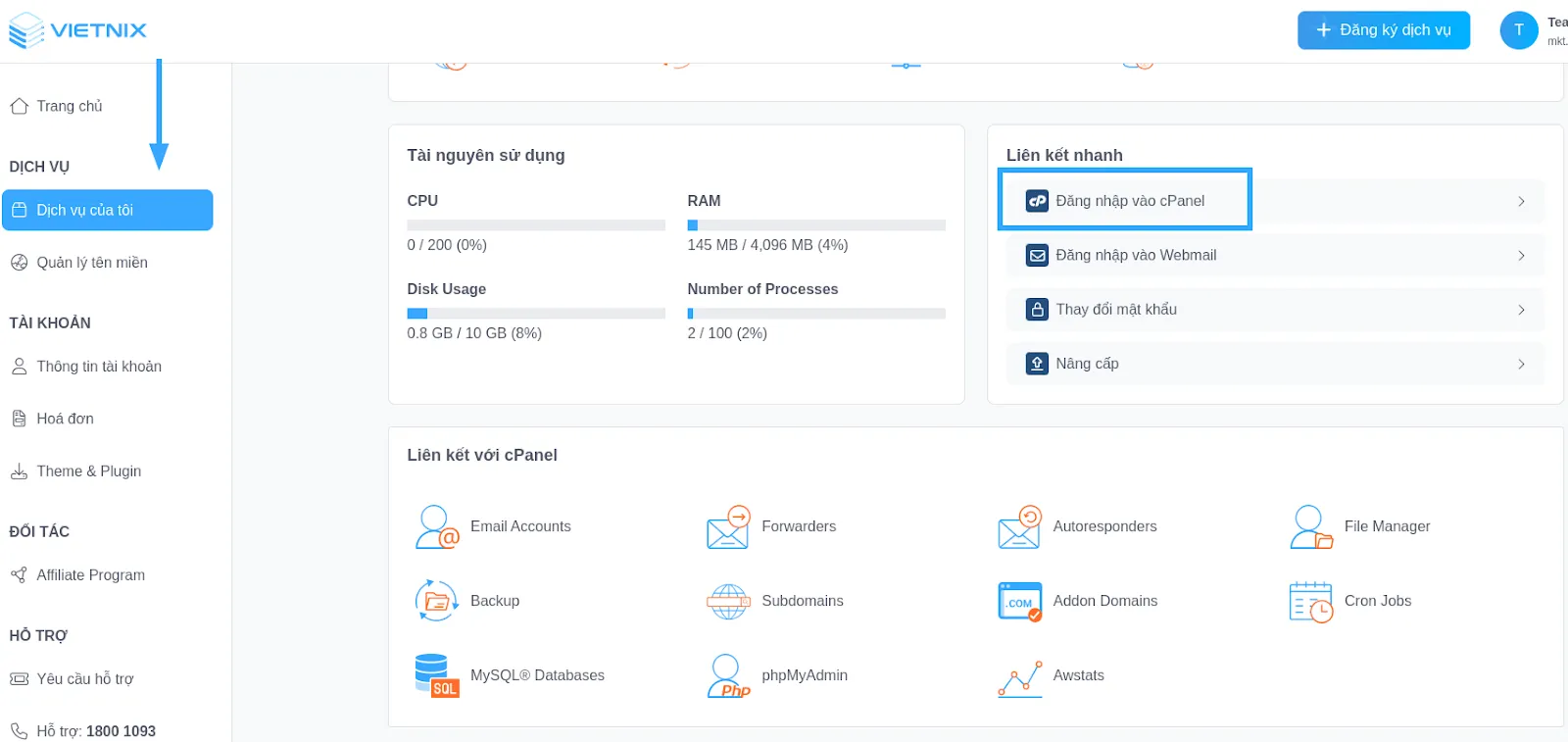 Đăng nhập vào cPanel