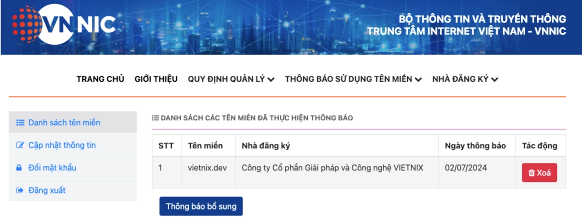 Danh sách tên miền đã khai báo