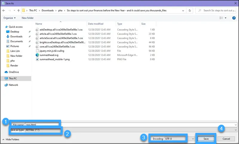 Điền thông tin File Name, Save as type, Encoding