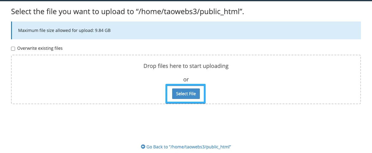 Chọn Select File để upload dữ liệu lên cPanel