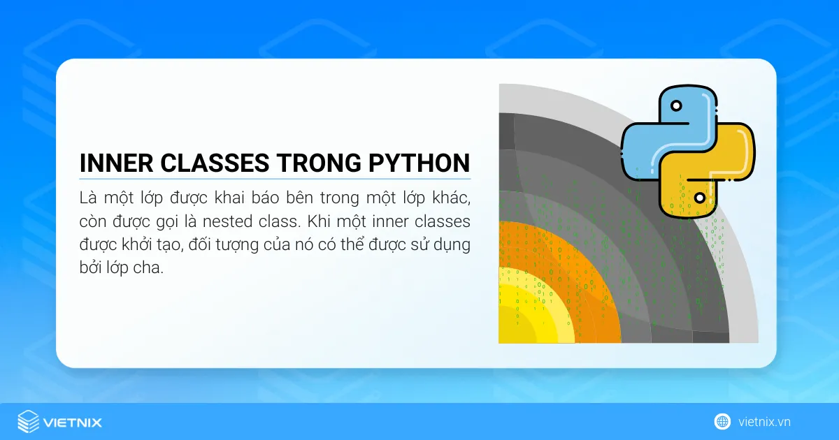 Tìm hiểu chi tiết về inner classes trong Python 5 Inner classes trong Python là một lớp được khai báo bên trong một lớp khác, còn được gọi là nested class