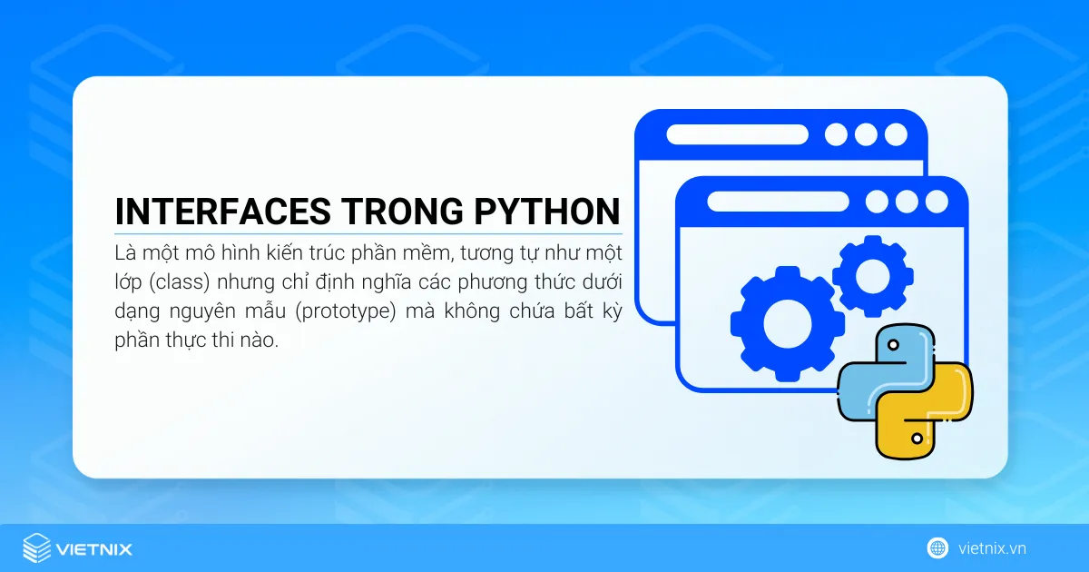 Interfaces trong Python là một cách định nghĩa tập hợp các phương thức mà một lớp phải triển khai