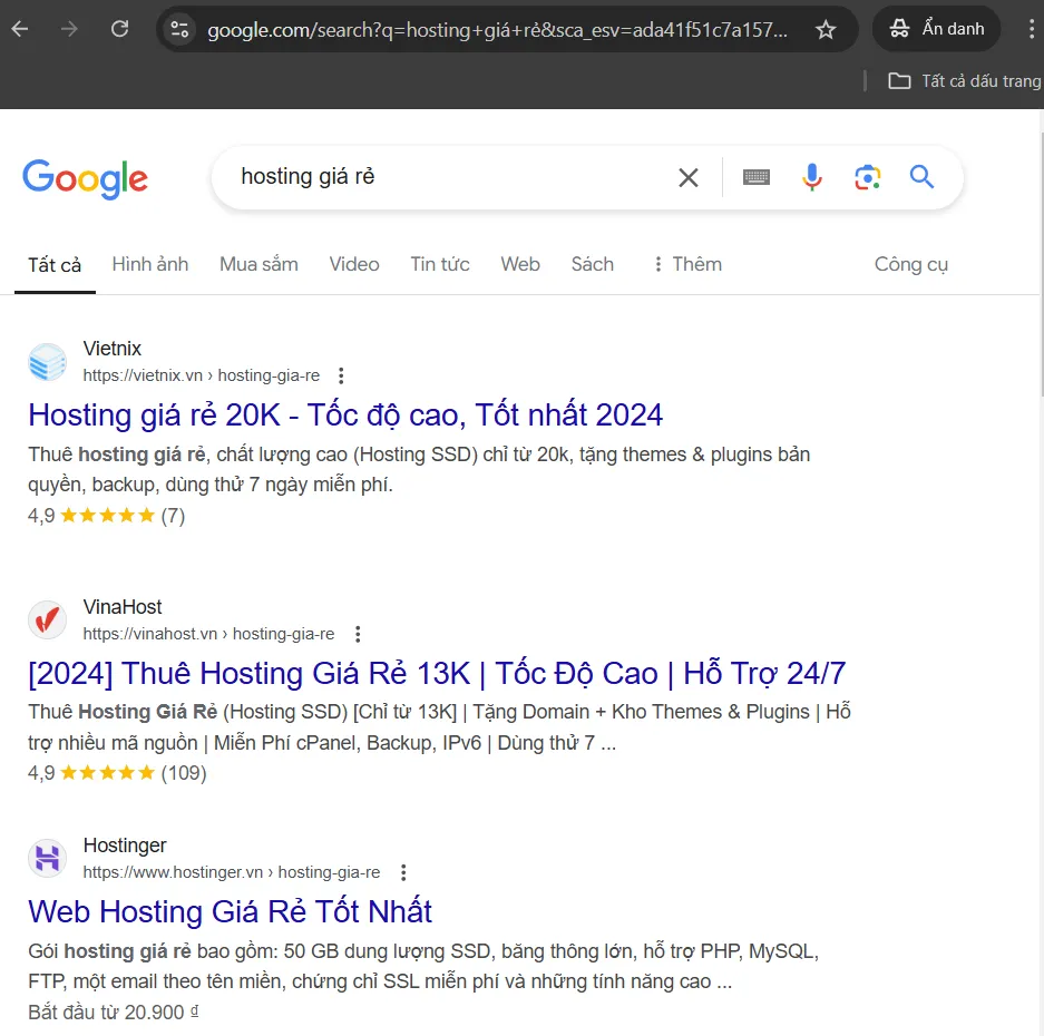 Tìm kiếm từ khóa Hosting giá rẻ bằng trình duyệt ẩn danh trên Google