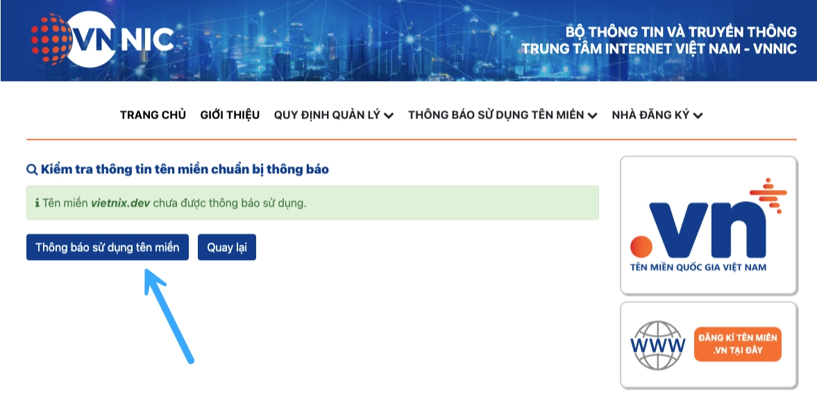 Nhấn chọn Thông báo sử dụng tên miền
