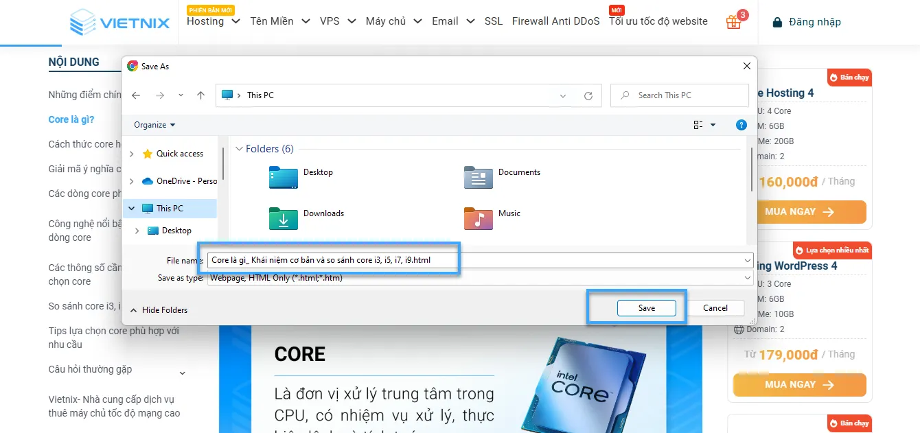 Lưu file với định dạng .html và bấm Save