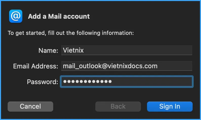 Nhập thông tin email để thêm tài khoản email vào ứng dụng Mail macOS
