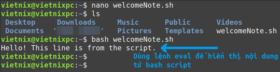 Kết quả dòng chữ "Hello! This line is from the script." được hiển thị ra màn hình
